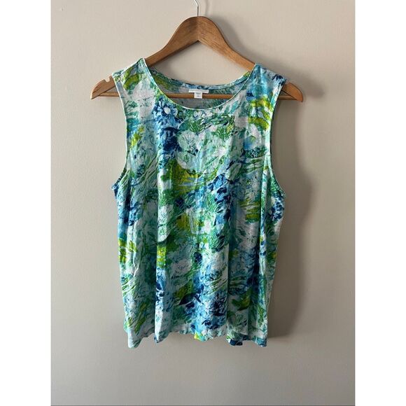 J. Jill Love Linen Tank Top Large 100% Linen Abstract Floral Blue Green - Picture 5 of 6